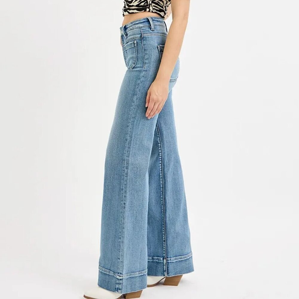 RISEN Full Size High Rise Wide Flare Patch Pocket‎ Jeans Plus Size